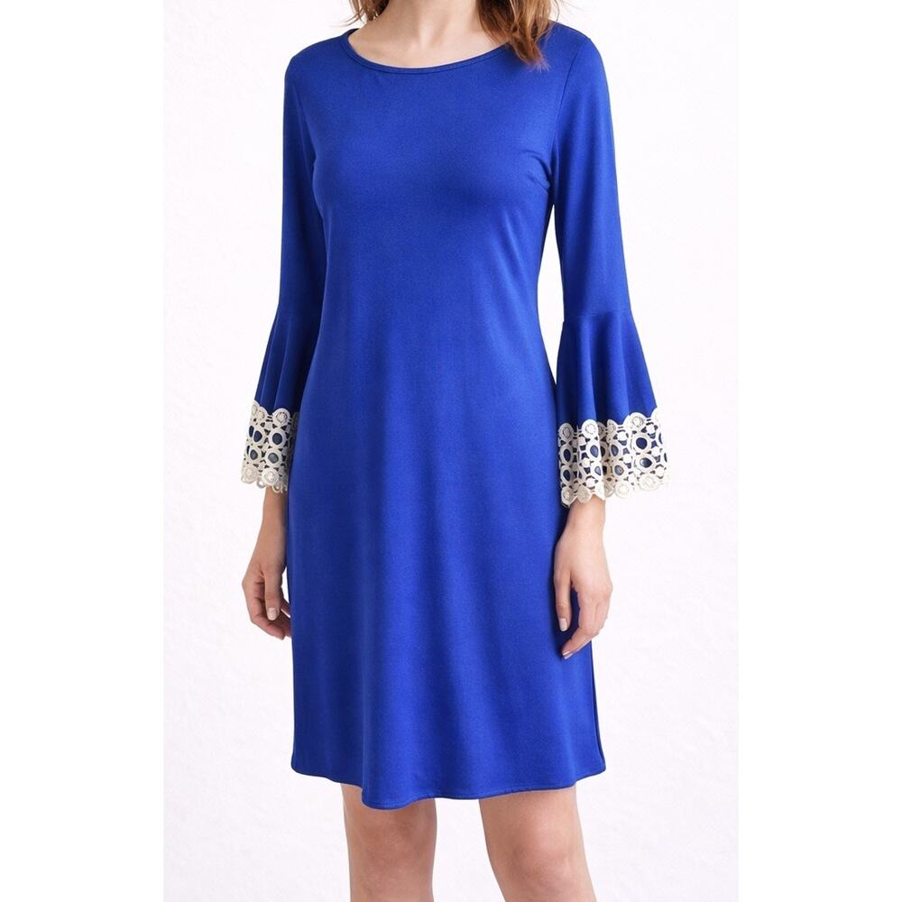 Judith March Anthropologie Royal Blue Bell Sleeve Shift Dress Crochet Women M